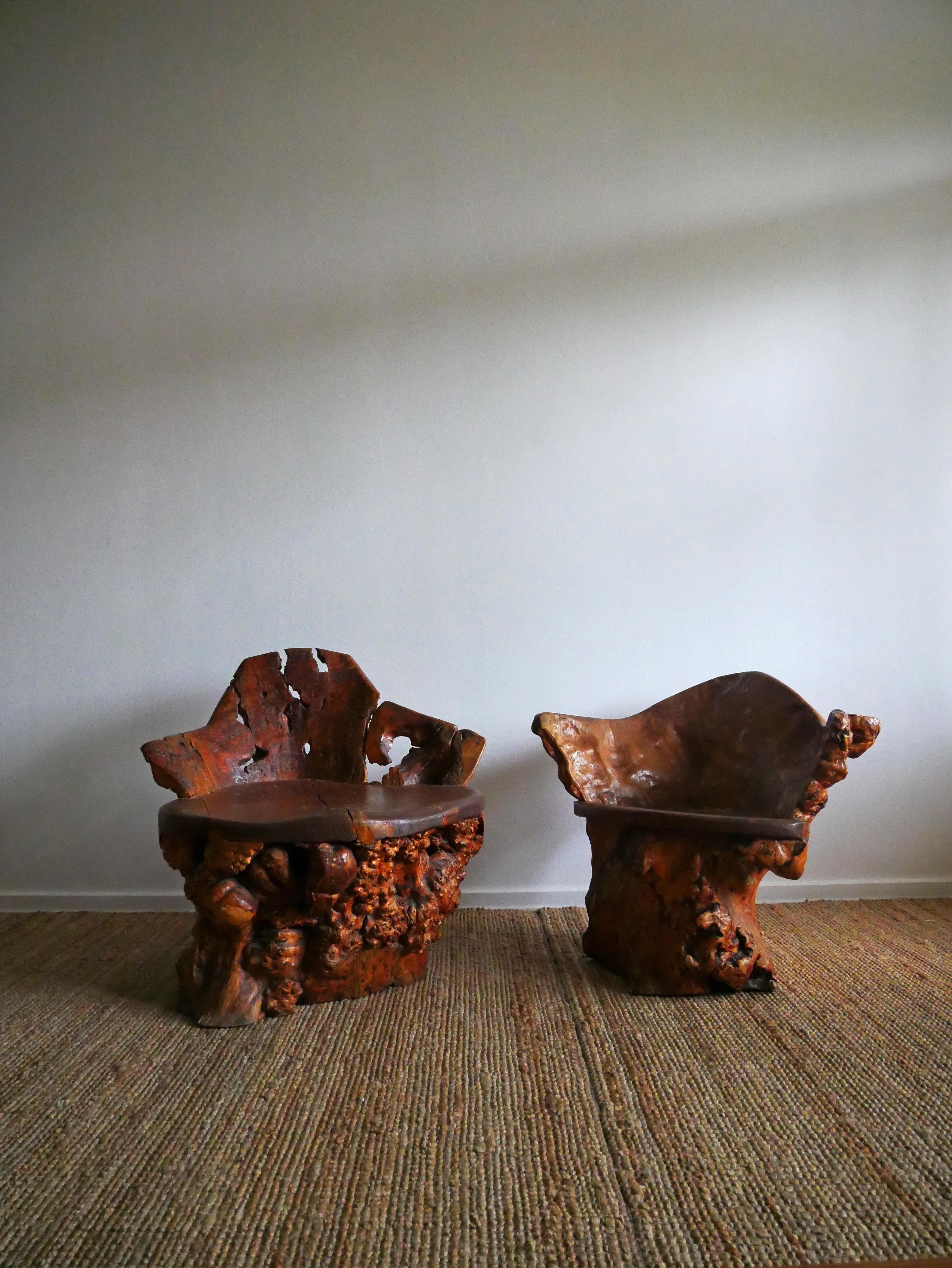 A pair of two Birch Burl Chairs made in 1940, Sweden.

The repairs and patina on this chairs has accumulated for 80 years. This makes them soft and smooth, and with a glow when the light are playing on the surface of the quirky shapes, it makes this