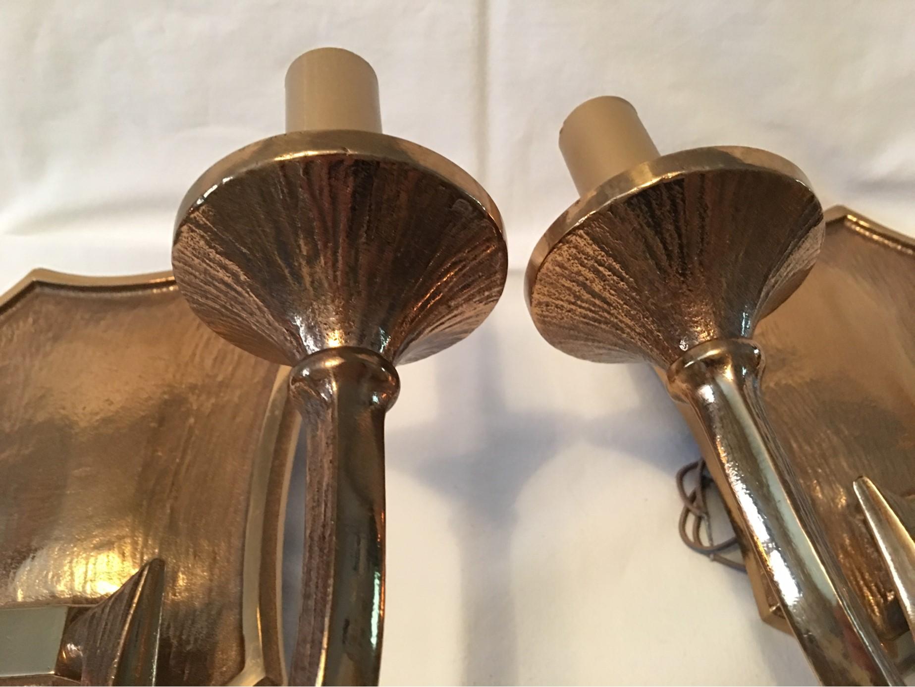 Pair of Two Bulb 1970s Bronze Brutalist Style Sconces In Good Condition For Sale In Frisco, TX