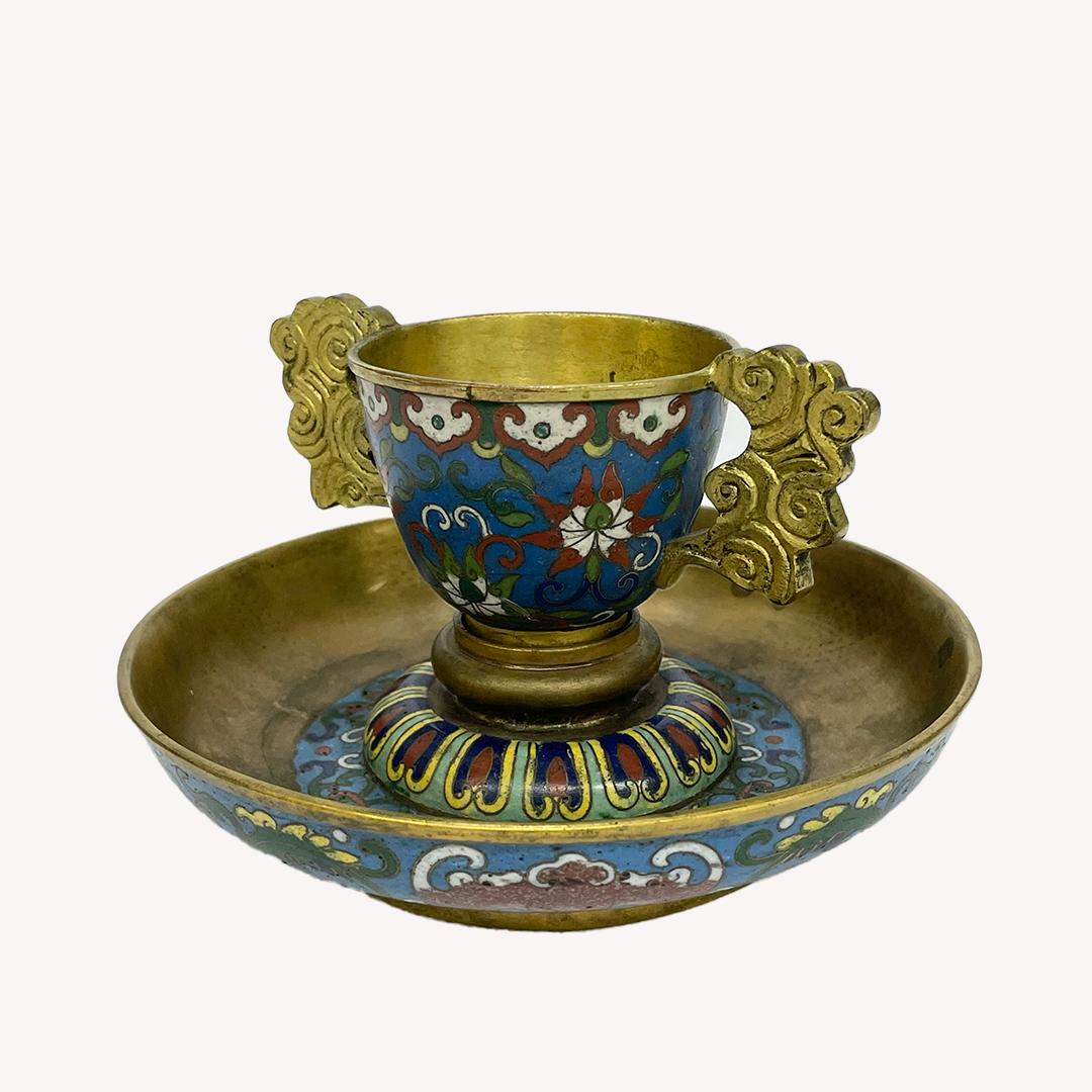 Cloissoné Pair of Two Chinese Antique Cloisonné Enamel Tea Cups, Qing Period