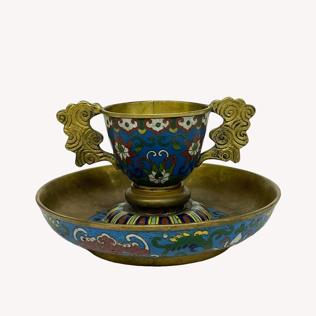 18th Century and Earlier Pair of Two Chinese Antique Cloisonné Enamel Tea Cups, Qing Period