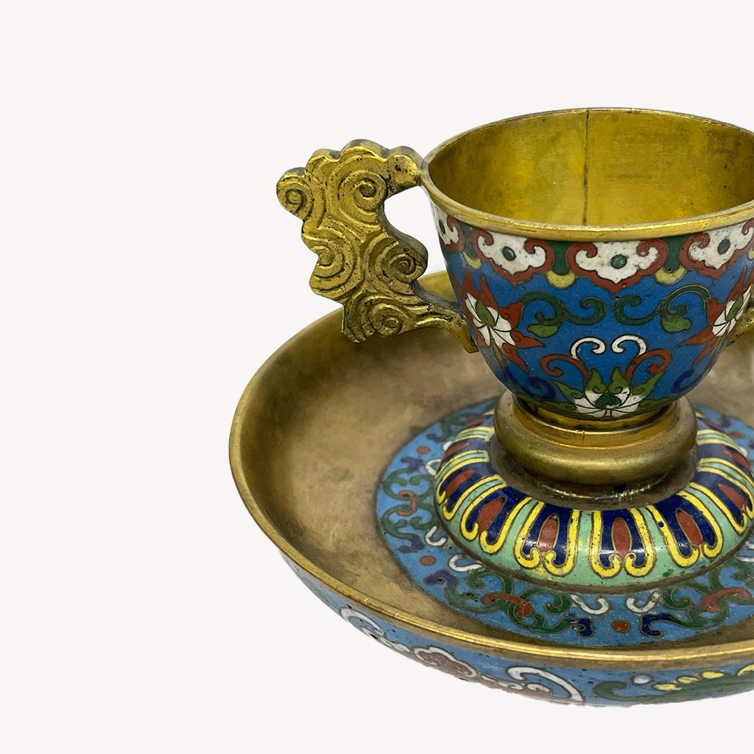 Bronze Pair of Two Chinese Antique Cloisonné Enamel Tea Cups, Qing Period