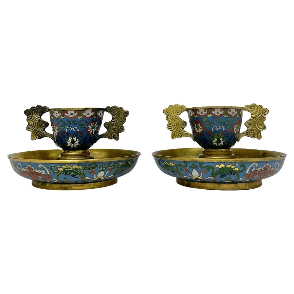 Pair of Two Chinese Antique Cloisonné Enamel Tea Cups, Qing Period