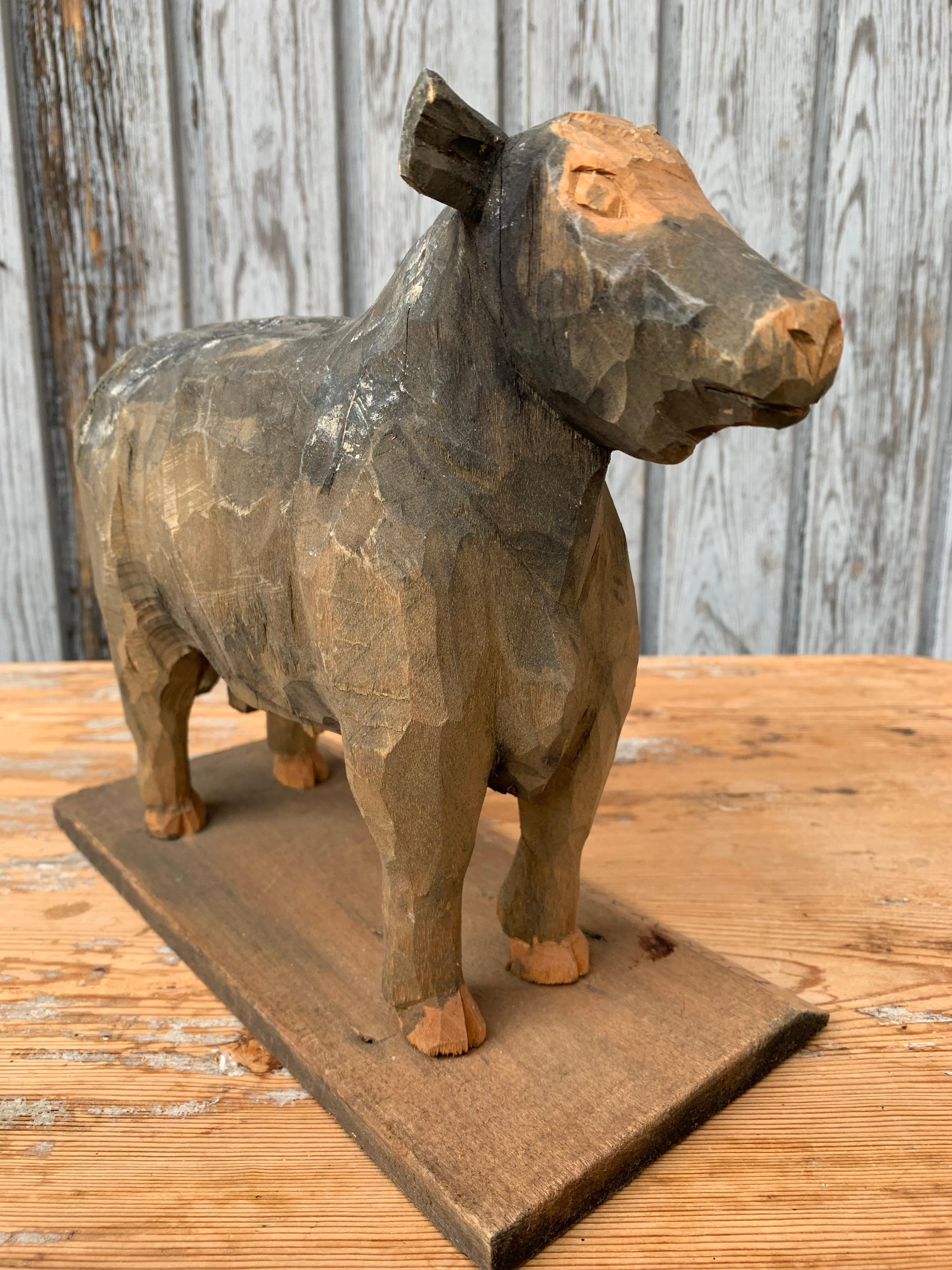 Two Swedish Carved Folk Art Sculptures of a Bull and Cow 6