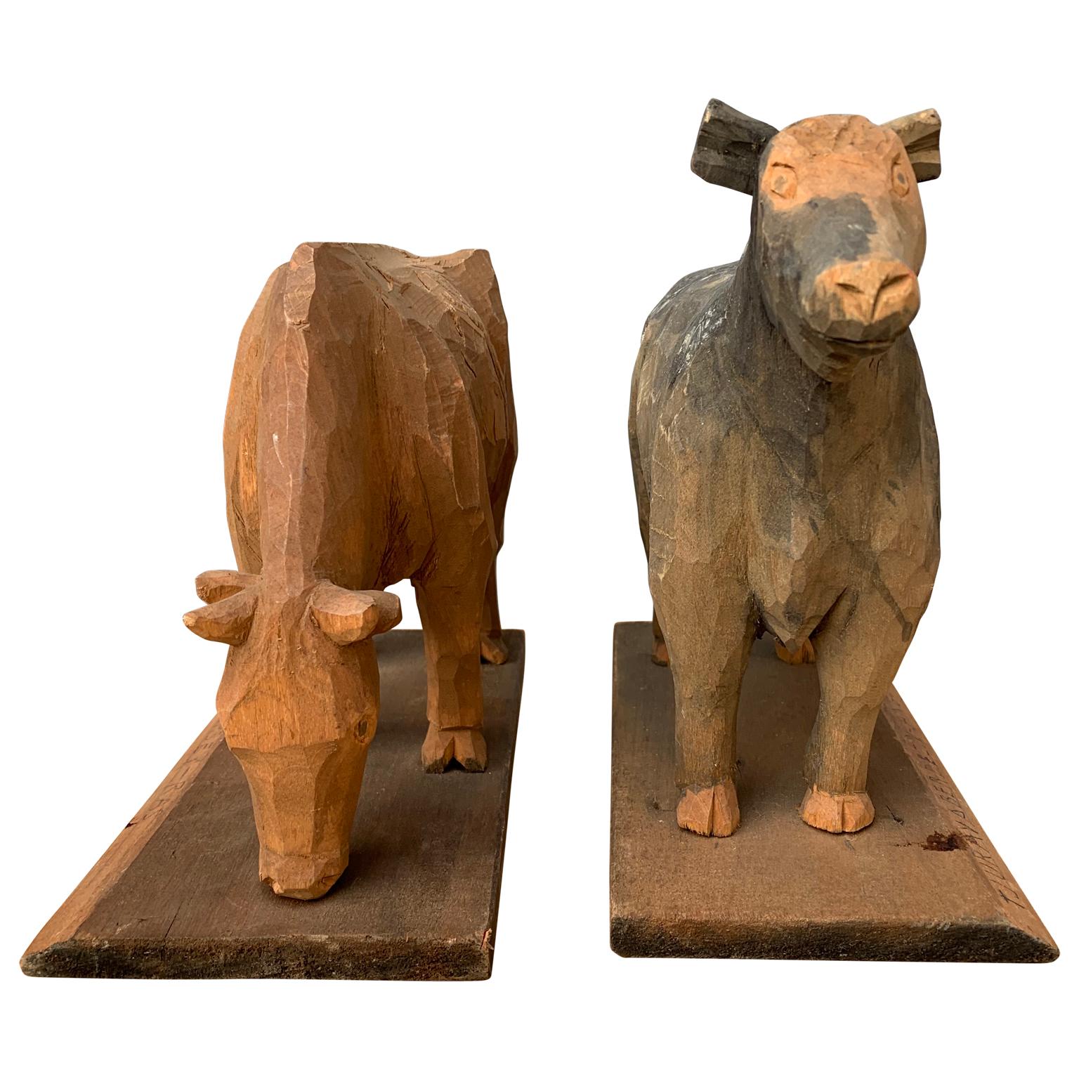 Hand-Carved Two Swedish Carved Folk Art Sculptures of a Bull and Cow