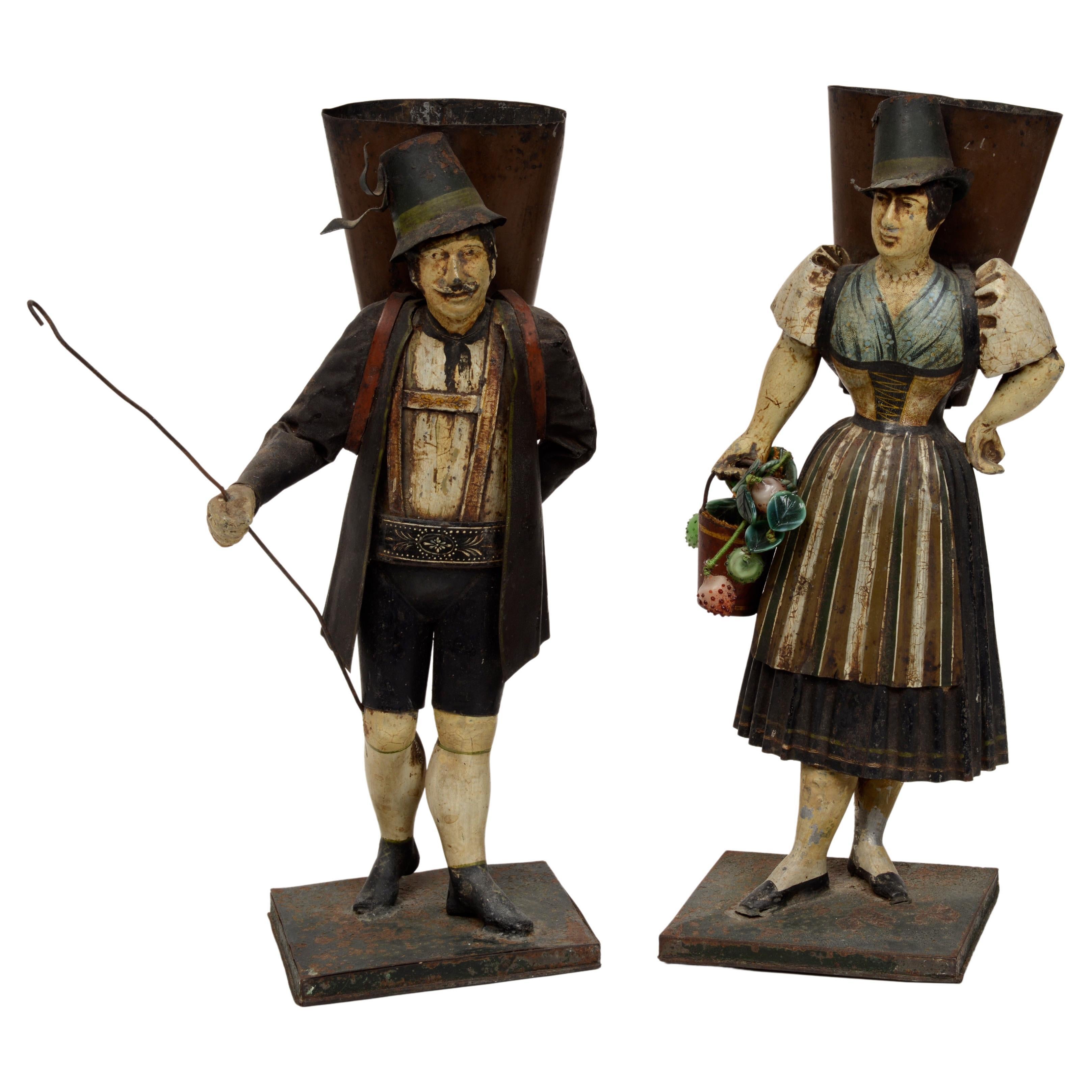 Pair of Tyrolean, Polychrome Painted Tole Figures, with Original Paint