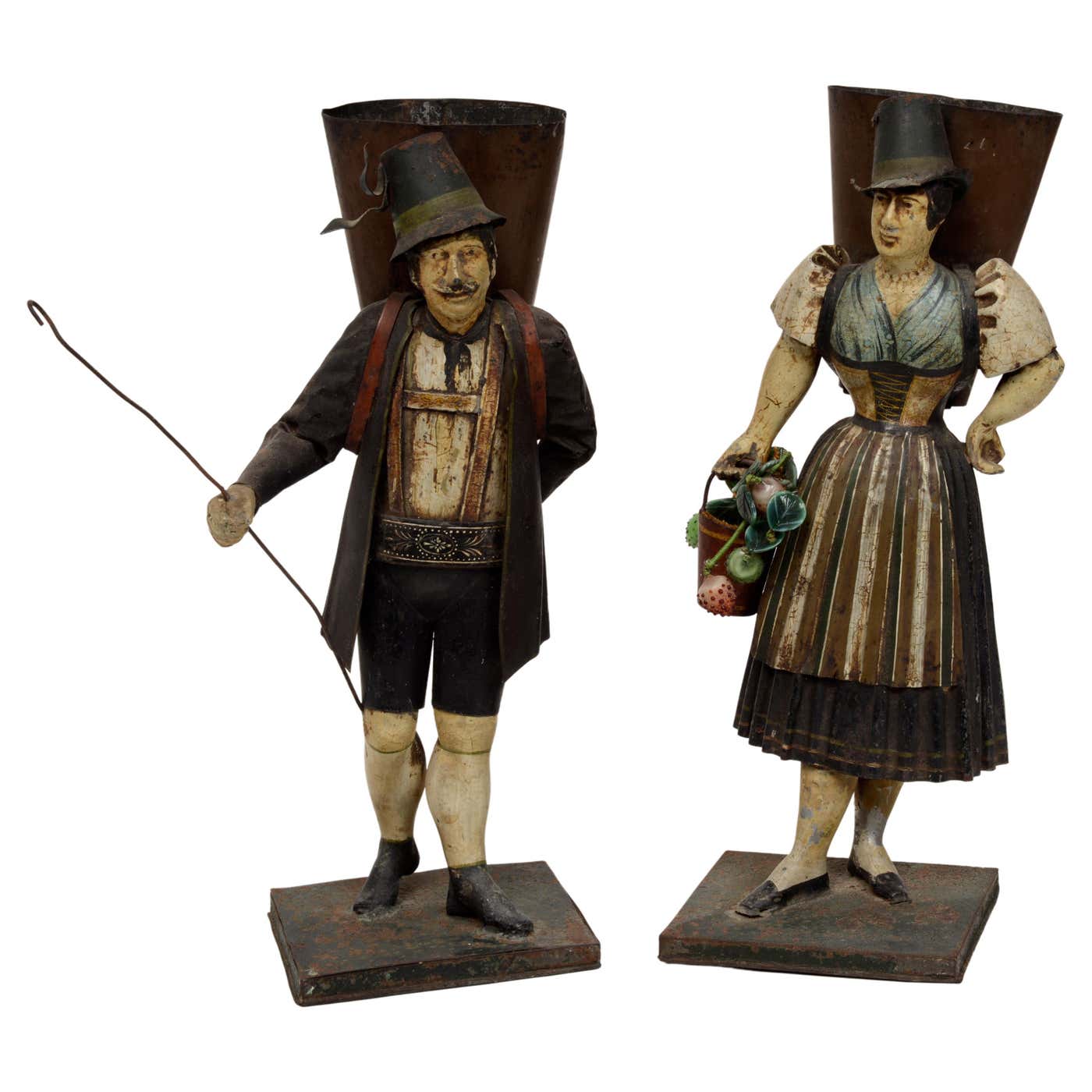 Pair of Tyrolean, Polychrome Painted Tole Figures, with Original Paint ...