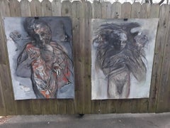 Pair of Unframed Large Brutalist Abstract Nude Paintings