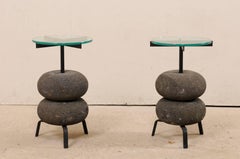 Pair of Unique Custom Stone and Iron Glass-Top Circular Side Tables