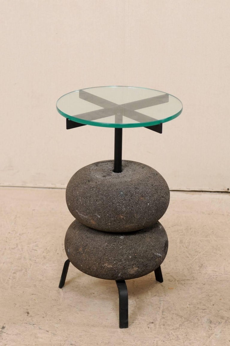 Pair of Unique Custom Stone and Iron GlassTop Circular Side Tables For