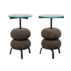 Pair of Unique Custom Stone and Iron Glass-Top Circular Side Tables
