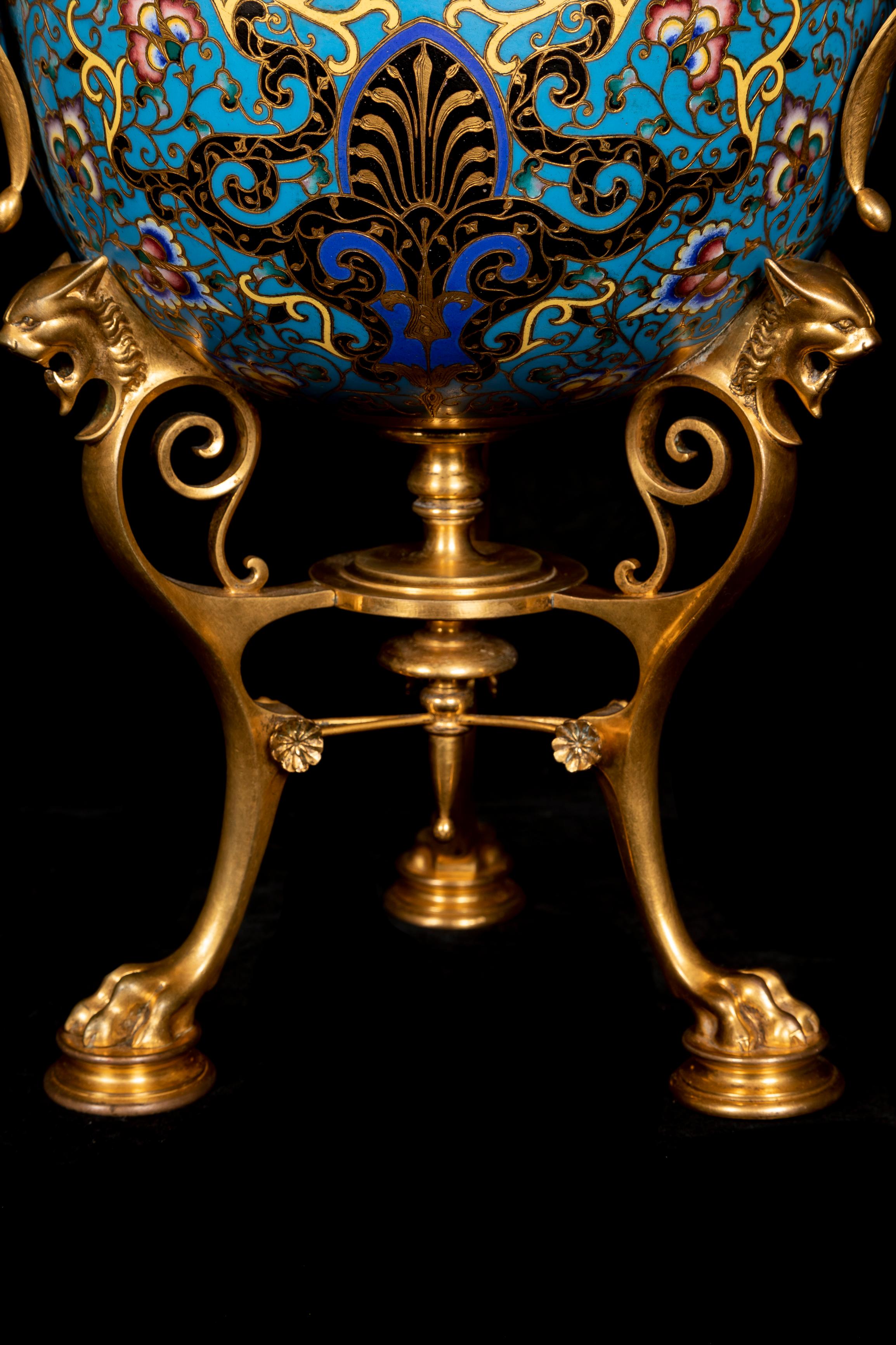 A Pair of Unique Ferdinand Barbedienne Ormolu and Champleve Enamel Jardinieres For Sale 2