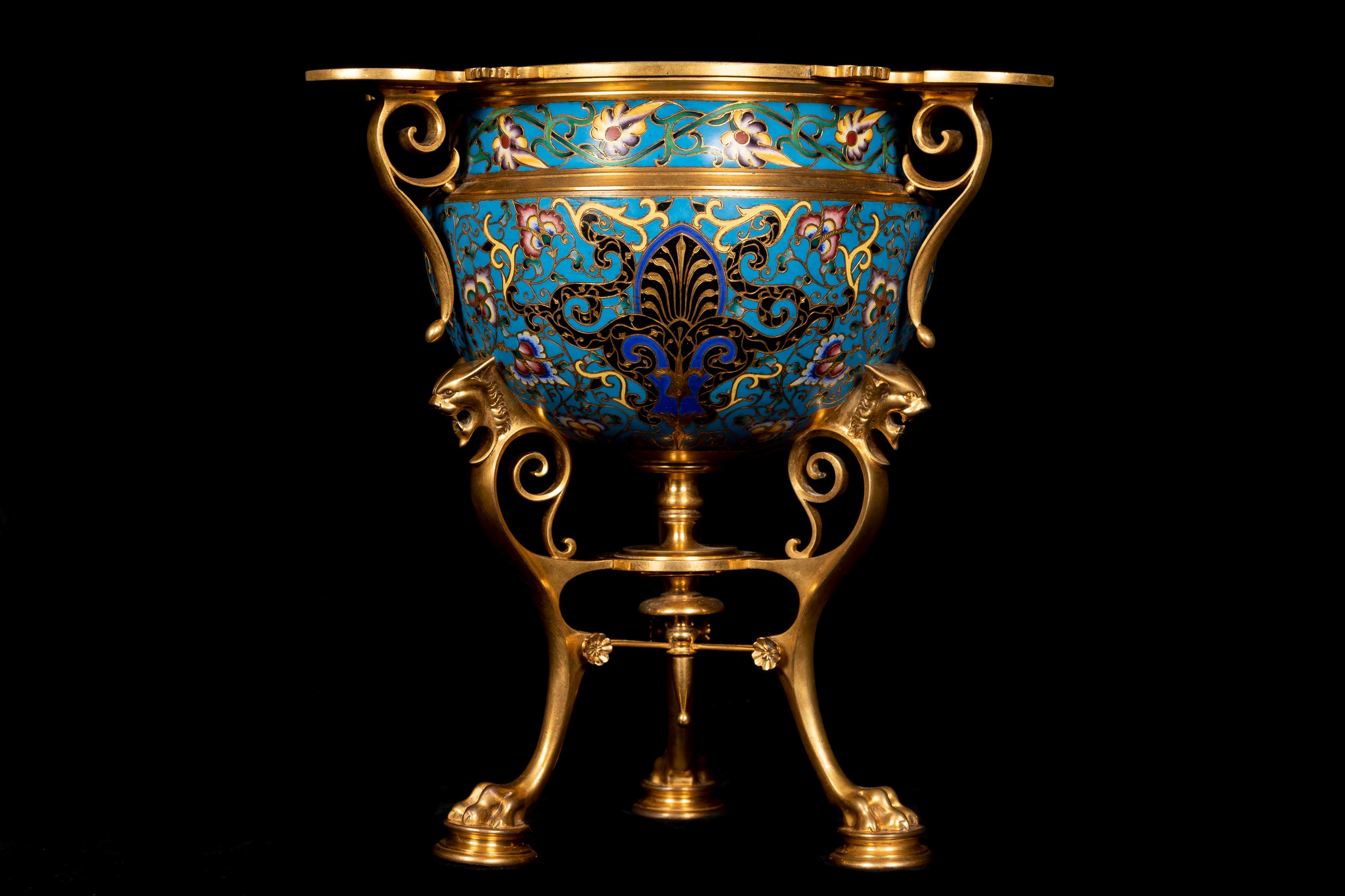 Napoleon III A Pair of Unique Ferdinand Barbedienne Ormolu and Champleve Enamel Jardinieres For Sale