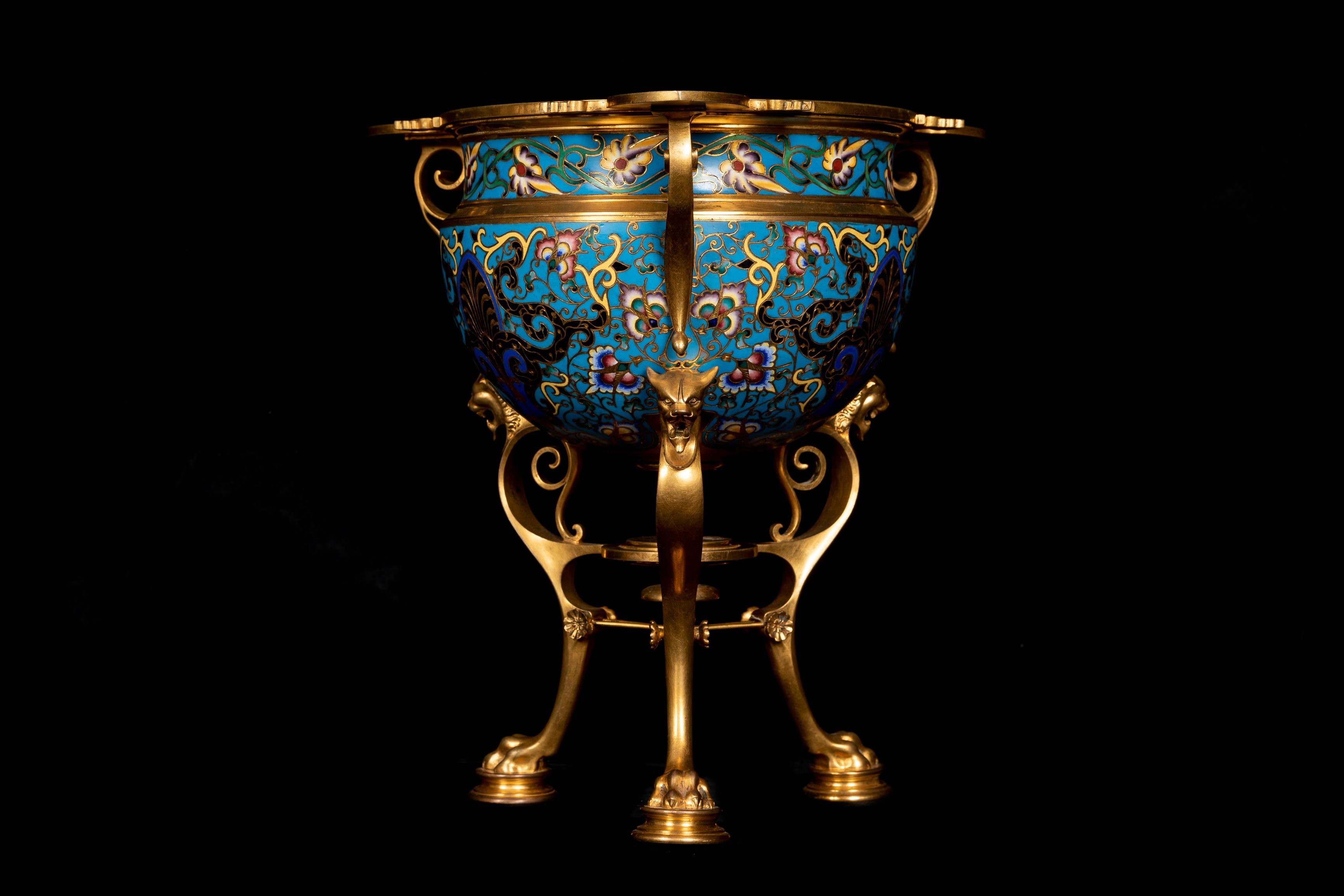 Gilt A Pair of Unique Ferdinand Barbedienne Ormolu and Champleve Enamel Jardinieres For Sale