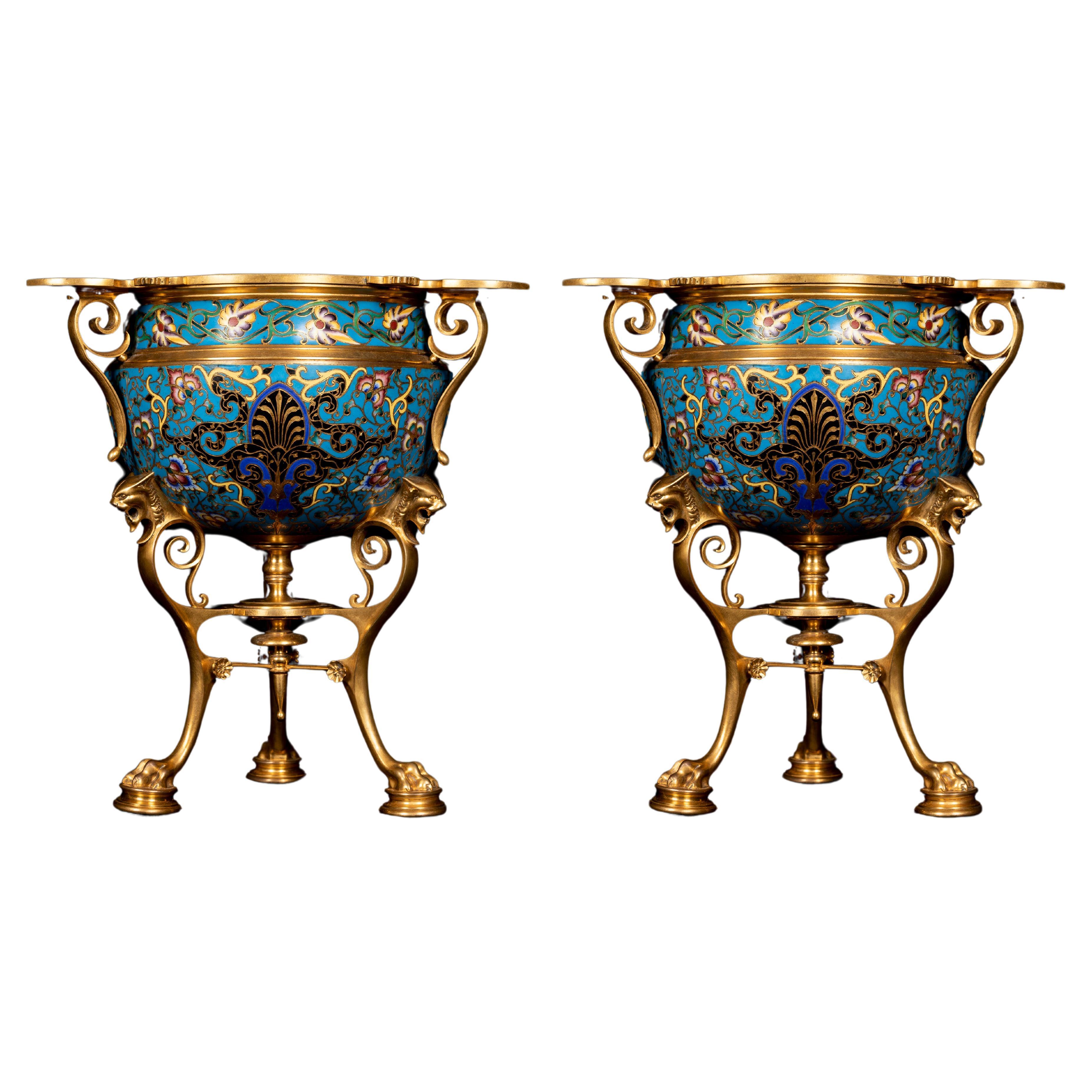 A Pair of Unique Ferdinand Barbedienne Ormolu and Champleve Enamel Jardinieres For Sale