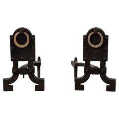 A Pair Of Unusual Andirons ca' 1920's Cast Iron Brass Rings
