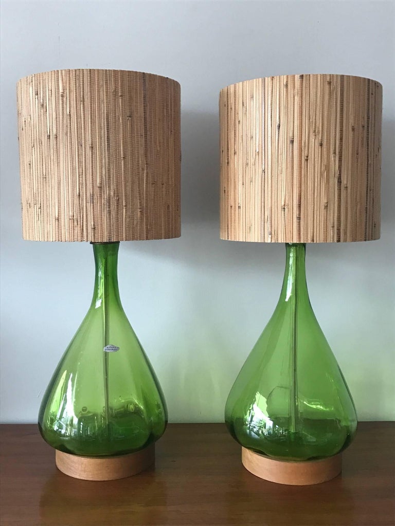 Pair of Unusual Blenko Olive Green Glass Lamps at 1stDibs