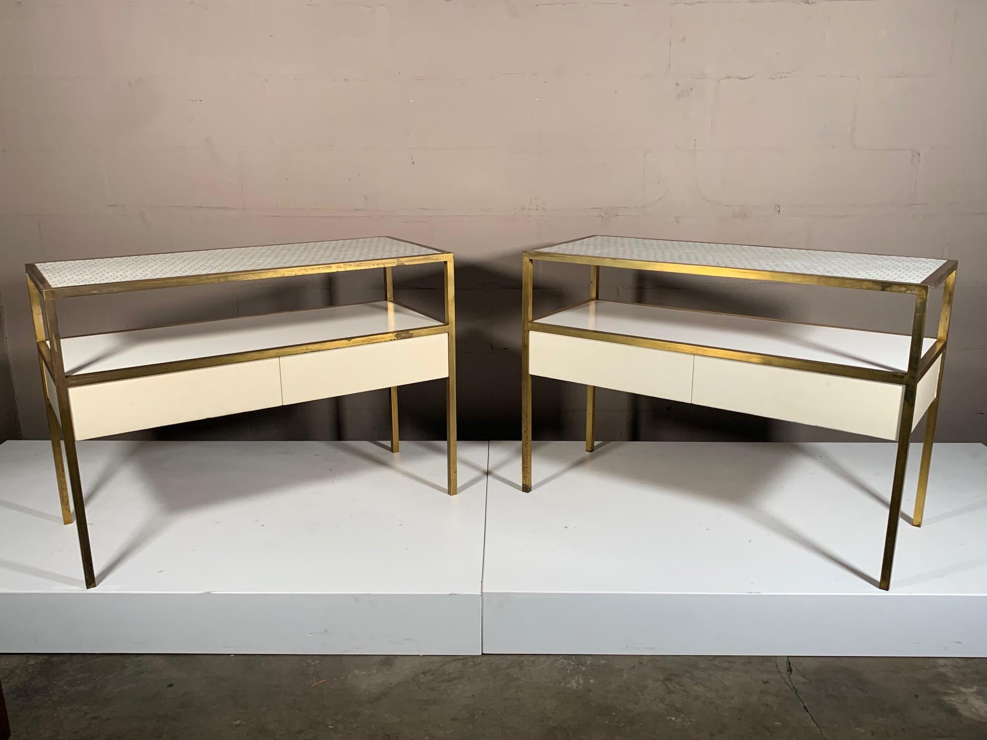 A pair of unusual tables, solid brass frames-heavy, with 2 lacquered drawers each on lower shelf, Murano tile tops. Could be end tables or low console tables or used together as a credenza.