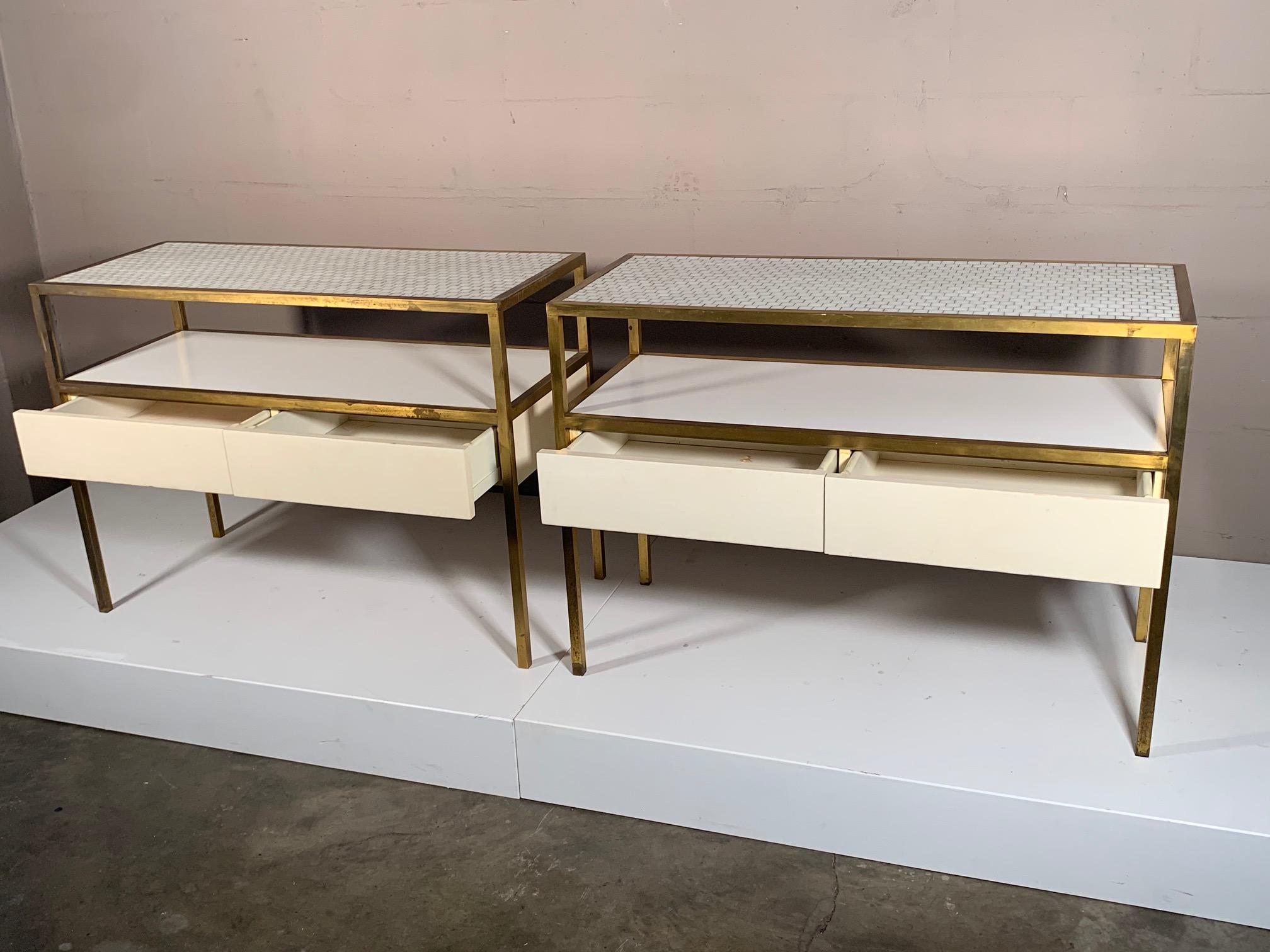 Mid-Century Modern Pair of Unusual Brass Tables with Tile Tops