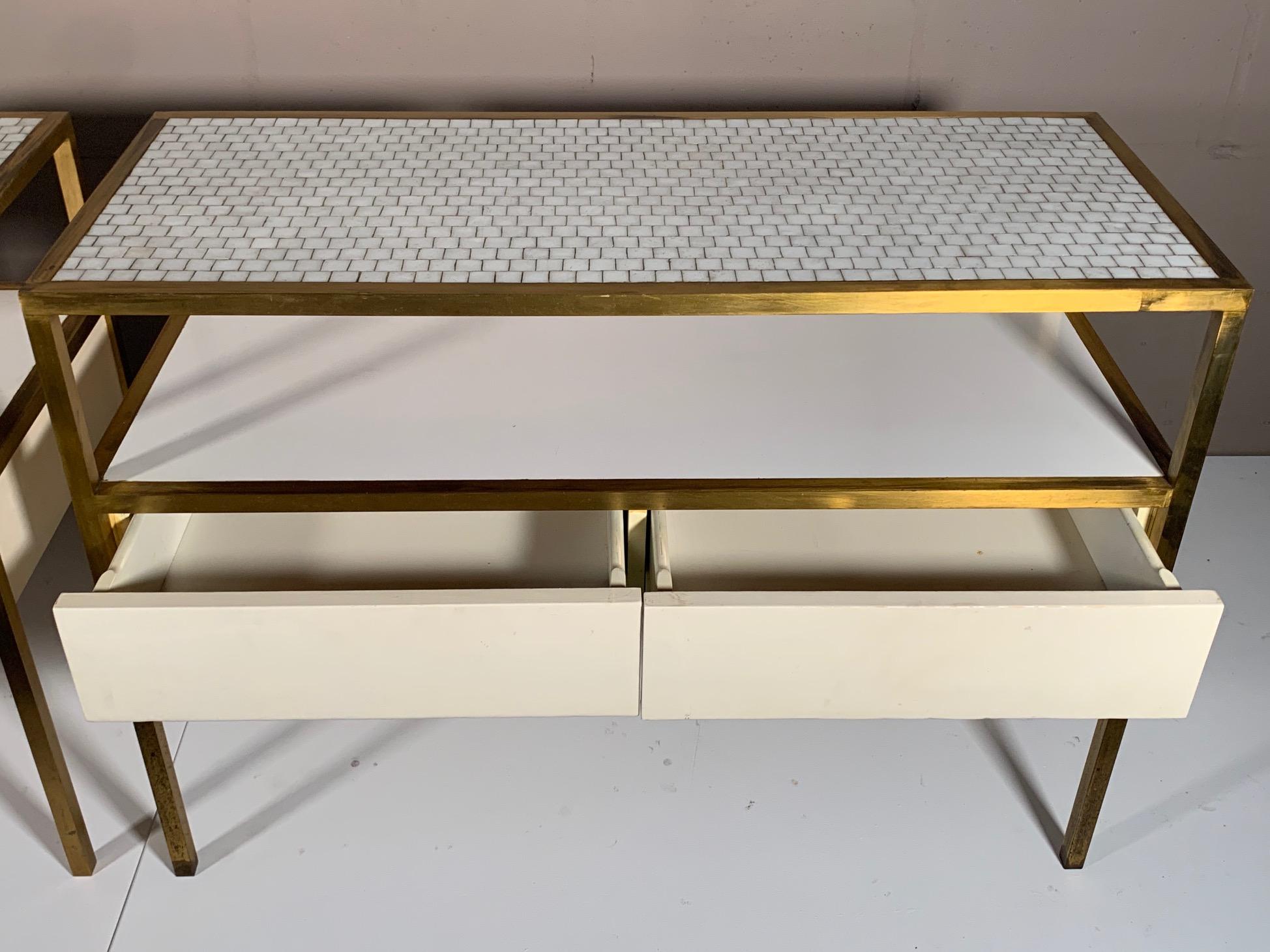American Pair of Unusual Brass Tables with Tile Tops