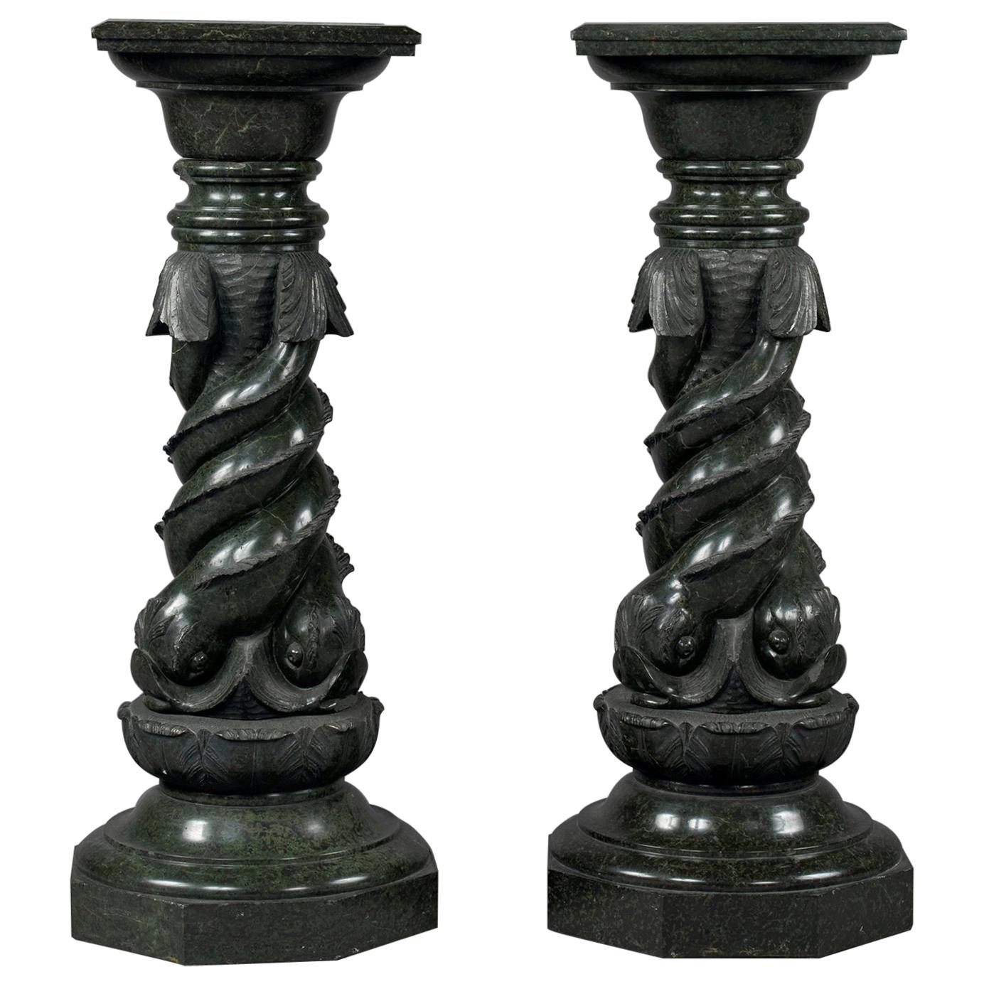 Pair of Unusual Green Serpentine Marble Pedestals, circa 1880 For Sale