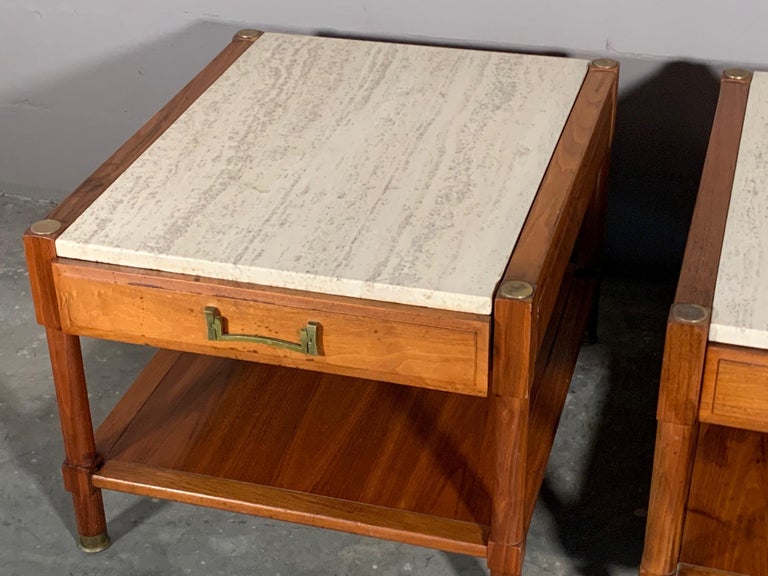 Pair of Unusual Heritage Henredon Nightstands with Travertine Tops at
