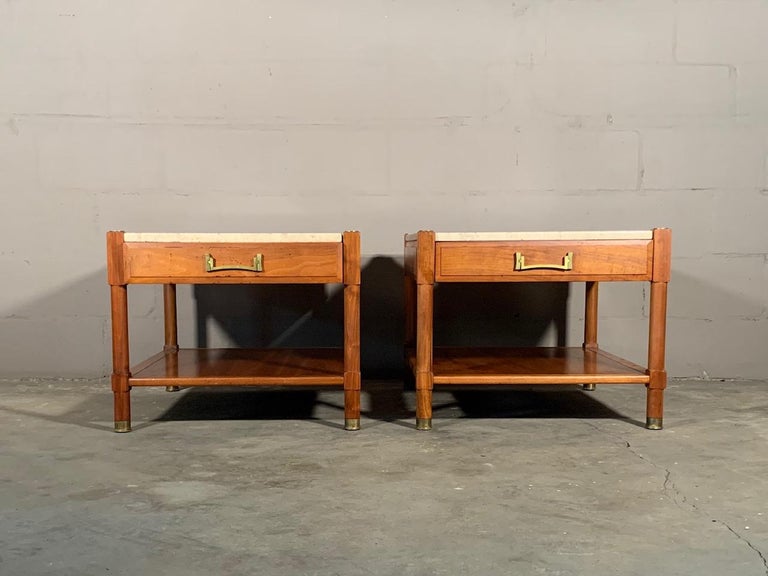 Pair of Unusual Heritage Henredon Nightstands with Travertine Tops at
