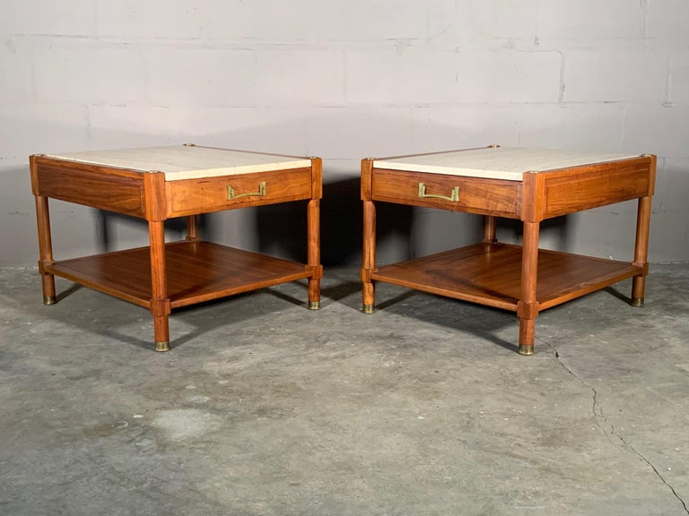 Pair of Unusual Heritage Henredon Nightstands with Travertine Tops at
