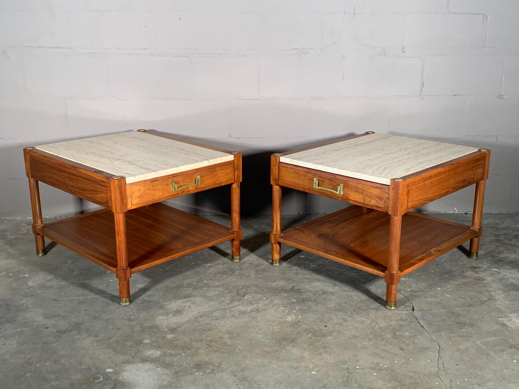 Mid-20th Century Pair of Unusual Heritage Henredon Nightstands with Travertine Tops