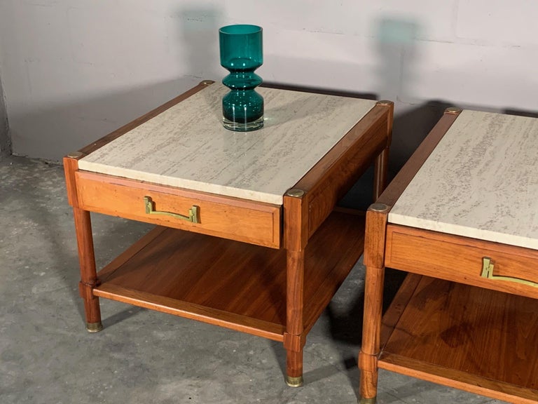 Pair of Unusual Heritage Henredon Nightstands with Travertine Tops at