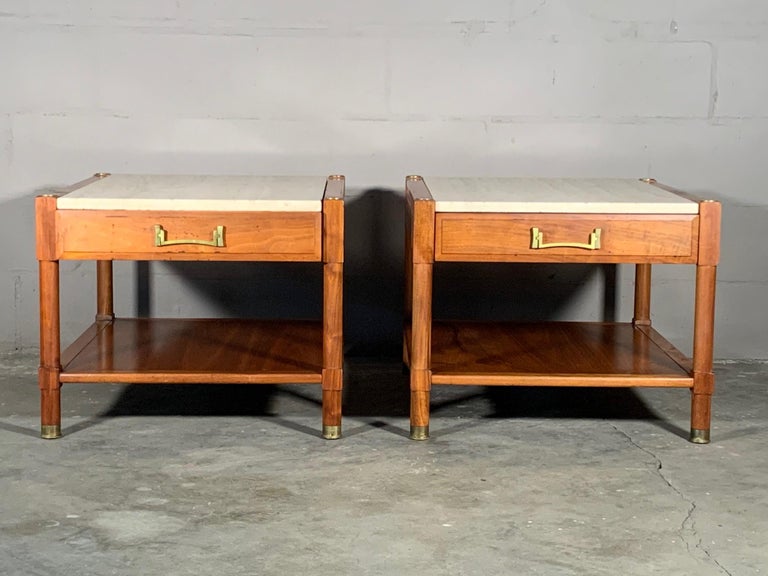 Pair of Unusual Heritage Henredon Nightstands with Travertine Tops at
