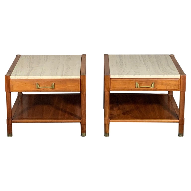 Pair of Unusual Heritage Henredon Nightstands with Travertine Tops at