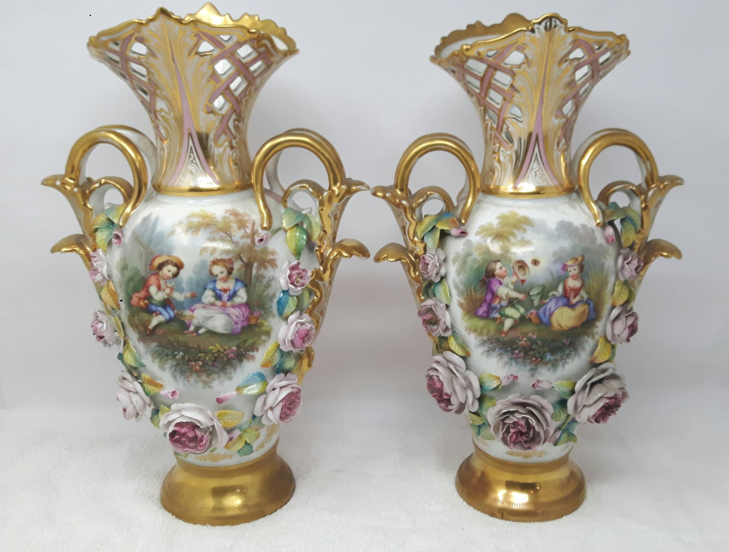 French Pair of Unusual Pierced Paris Vases For Sale