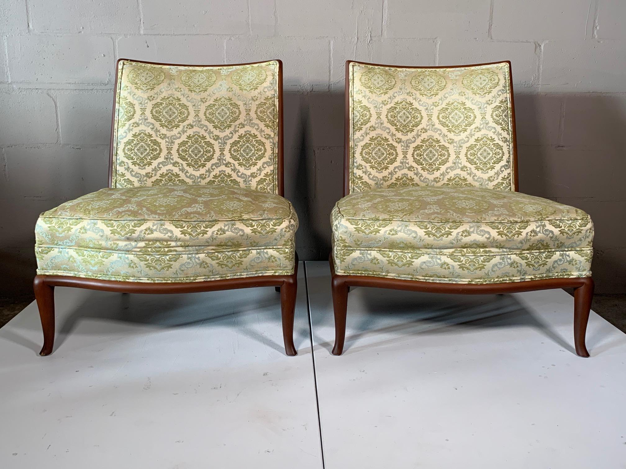 A pair of rare and unusual French style slipper chairs by T.H. Robsjohn-Gibbings for Widdicomb, circa 1950s.