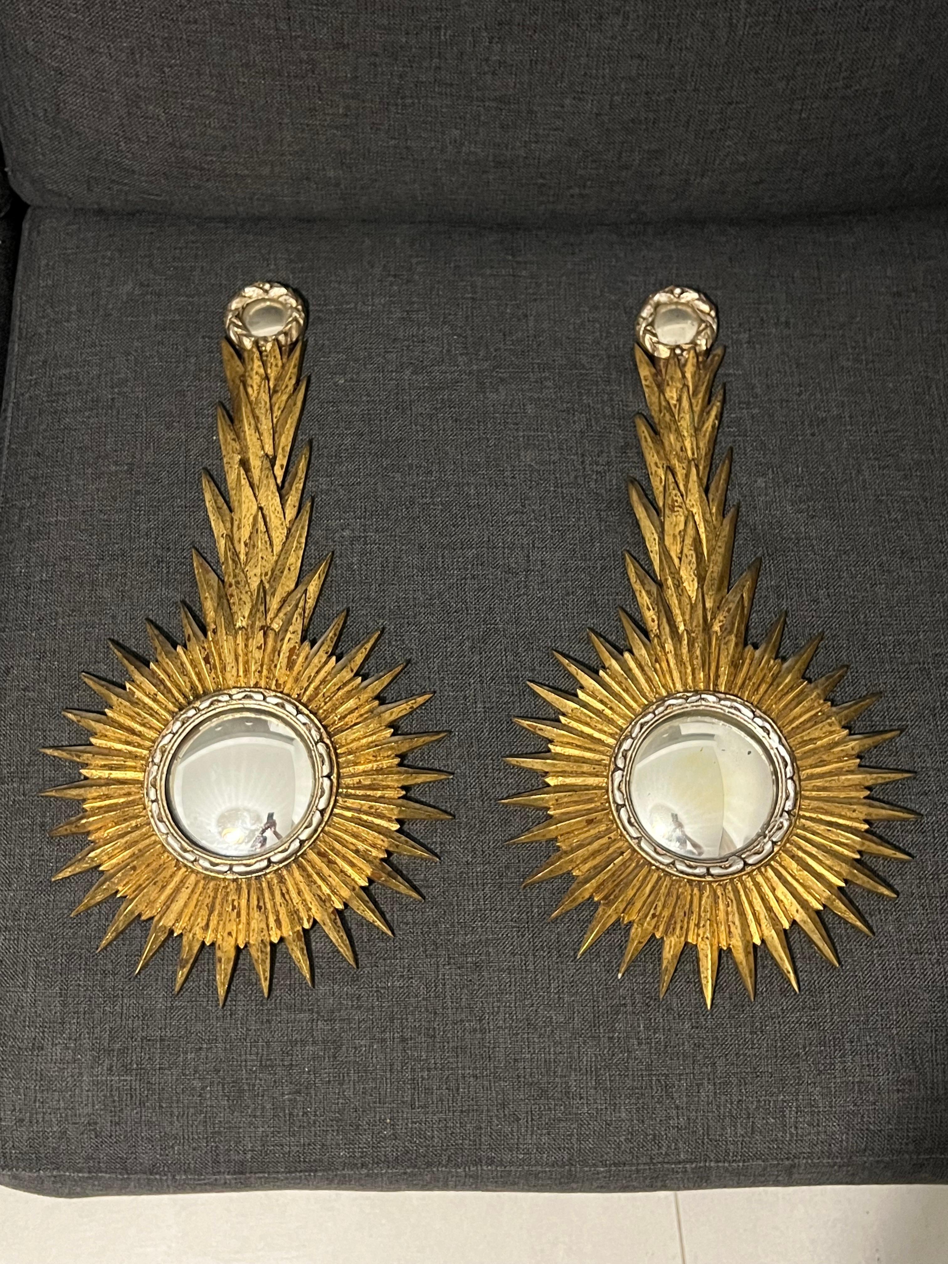 A Pair Of Unusual Sunburst Soleil Mirrors Gilt Wood Convex 1960 For Sale 8