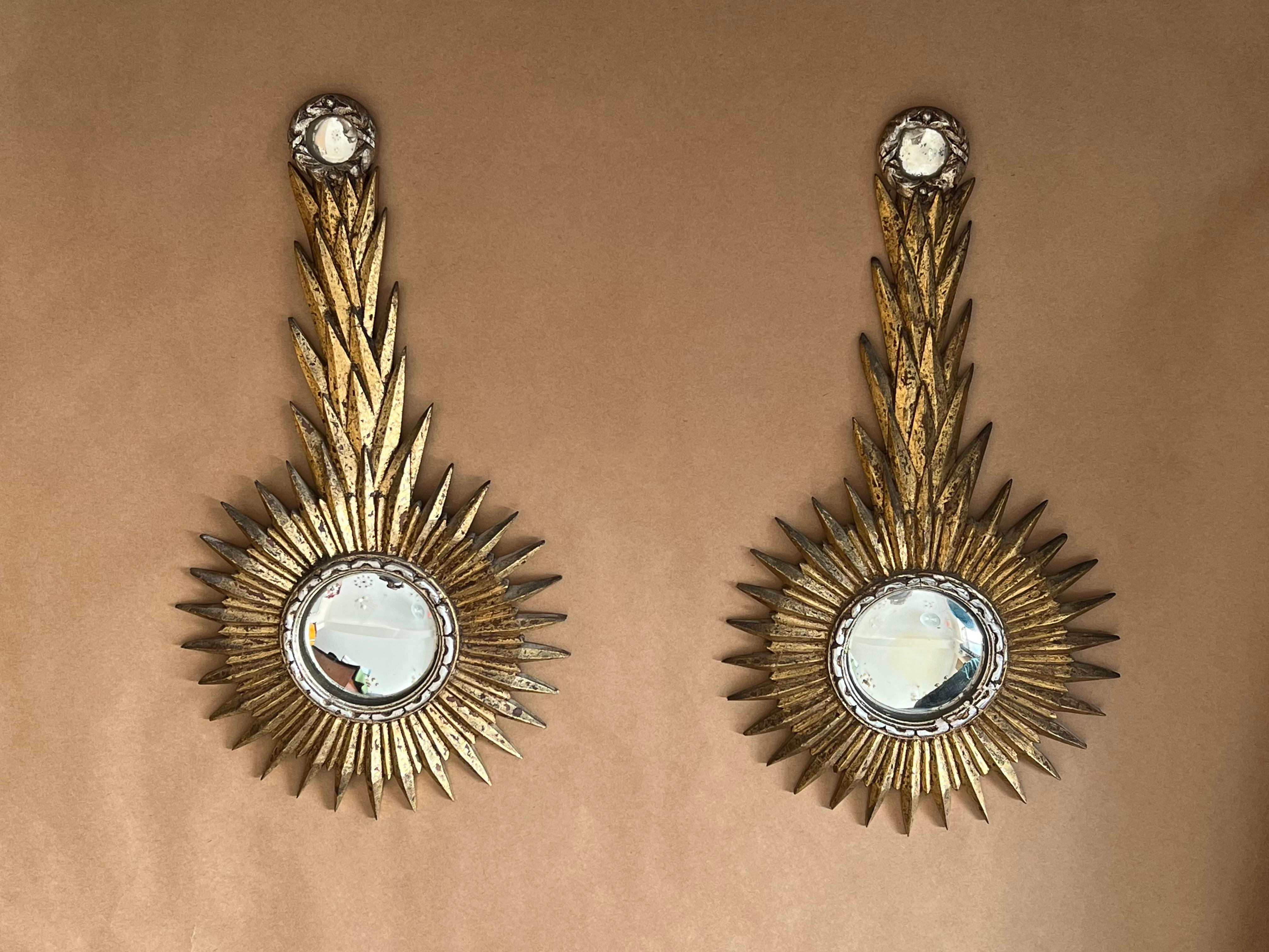 Regency A Pair Of Unusual Sunburst Soleil Mirrors Gilt Wood Convex 1960 For Sale