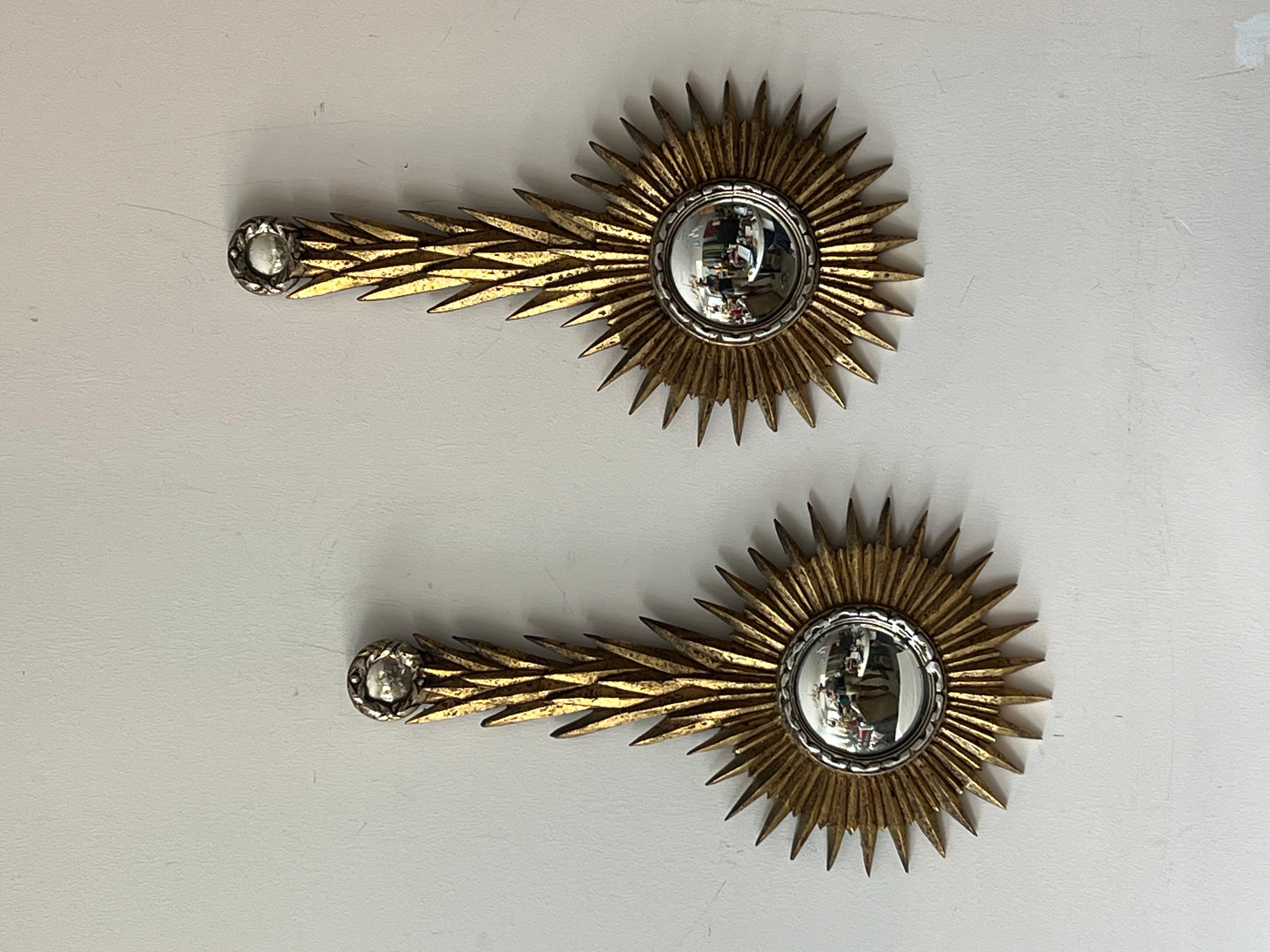 Mid-20th Century A Pair Of Unusual Sunburst Soleil Mirrors Gilt Wood Convex 1960 For Sale