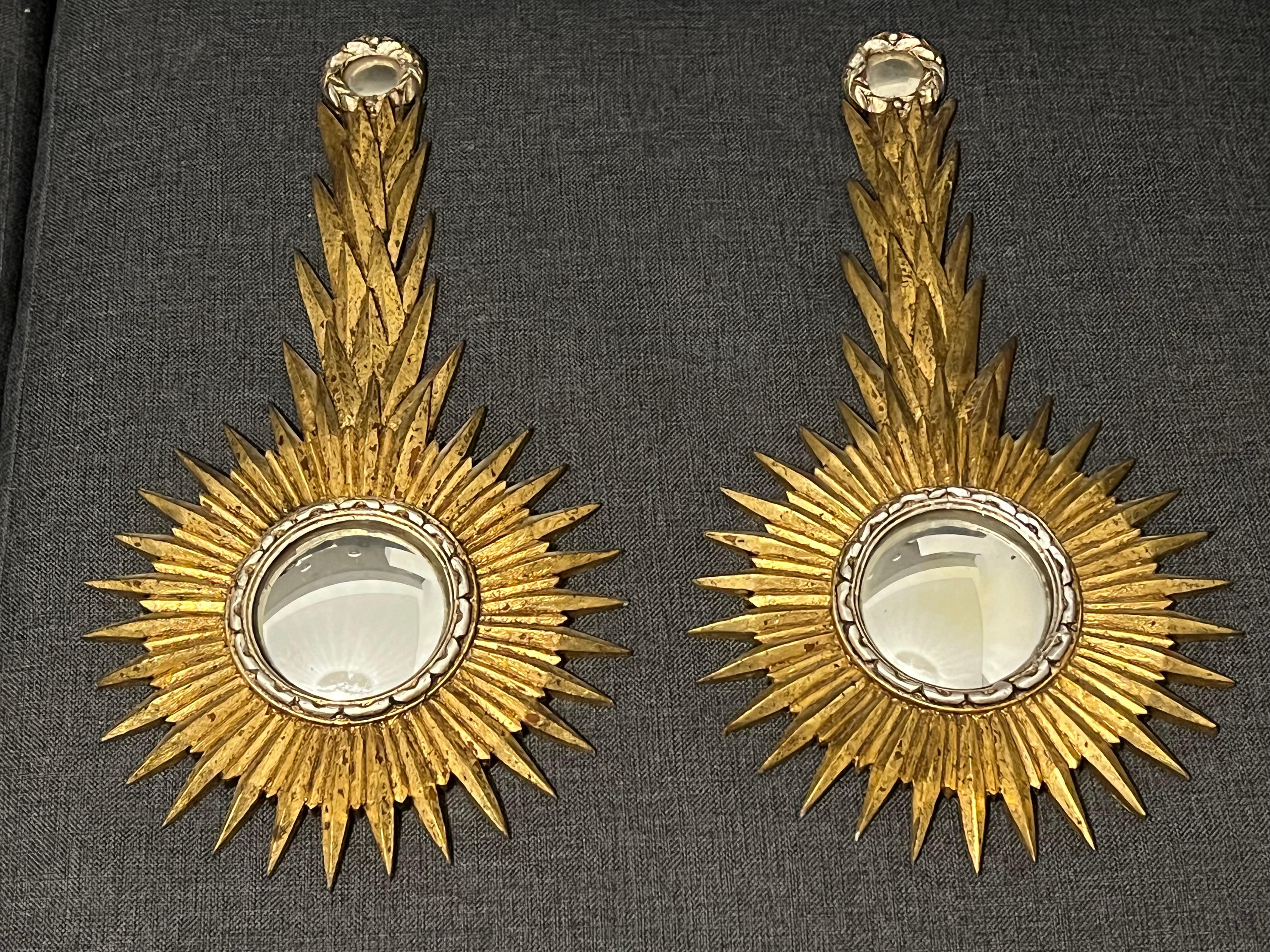 A Pair Of Unusual Sunburst Soleil Mirrors Gilt Wood Convex 1960 For Sale 3