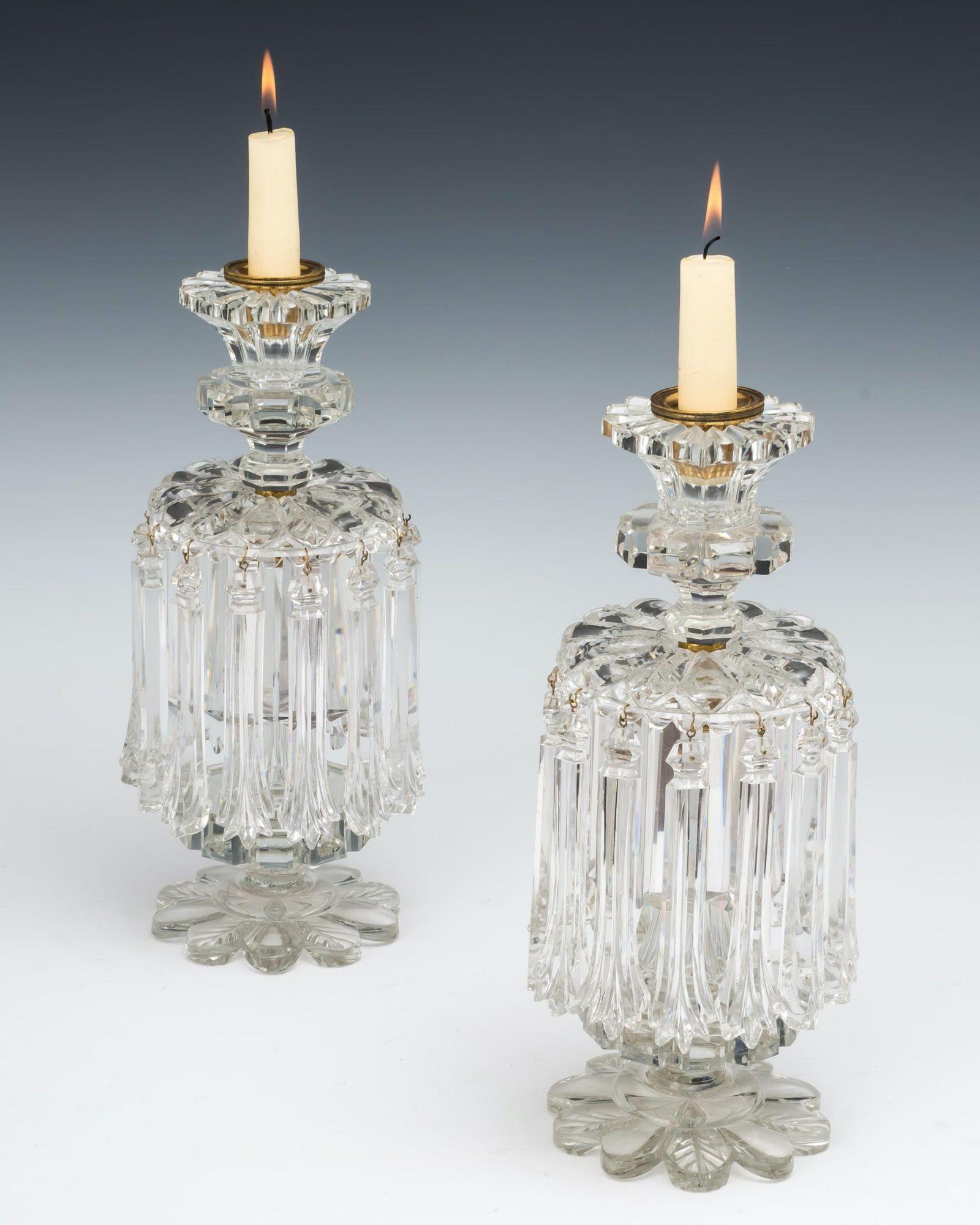 Cut Glass Pair of Unusually Rare Pillar & Feather Cut William Iv Lustres For Sale