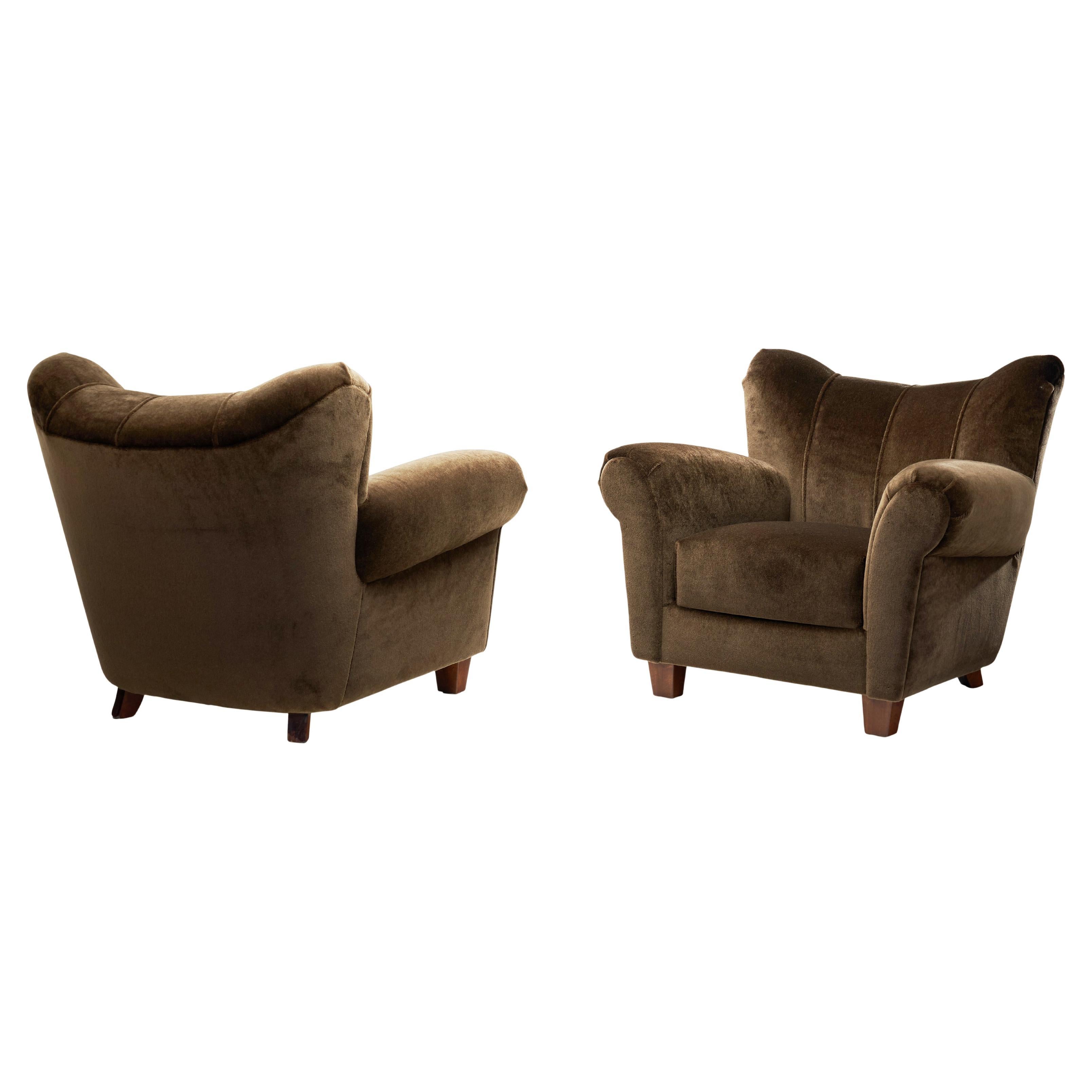 A Pair of Upholstered Brown Mohair Armchairs, Europe 1940s