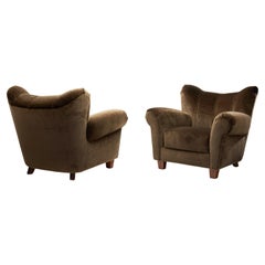 A Pair of Upholstered Brown Mohair Armchairs, Europe 1940s