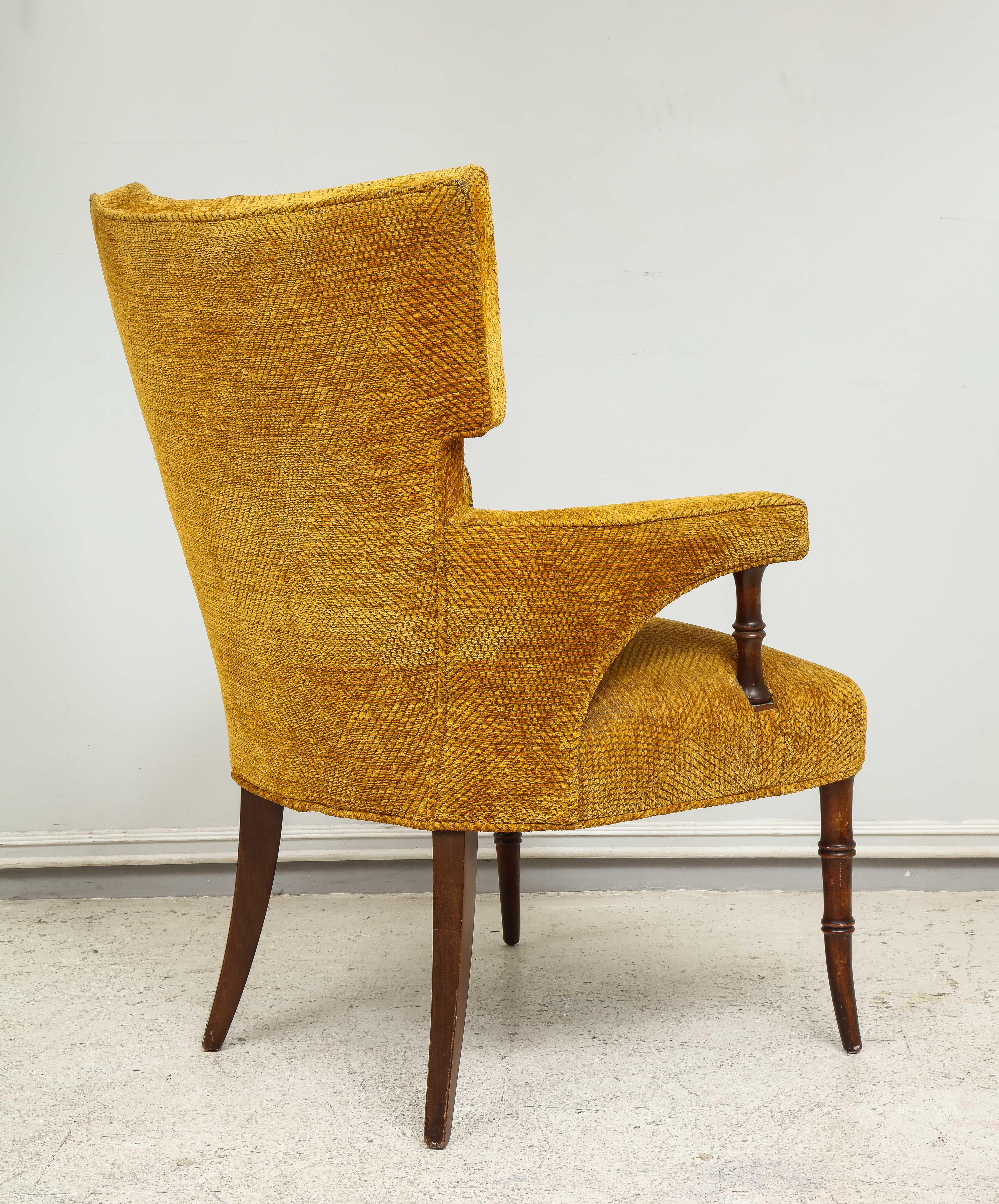 20th Century Pair of Upholstered Faux-Bamboo Fireside Armchairs