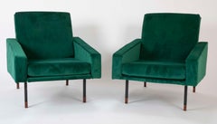 Pair of Upholstered Italian Mid-Century Armchairs with Walnut Tipped Legs