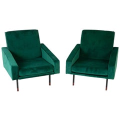 Retro Pair of Upholstered Italian Midcentury Armchairs with Walnut Tipped Legs