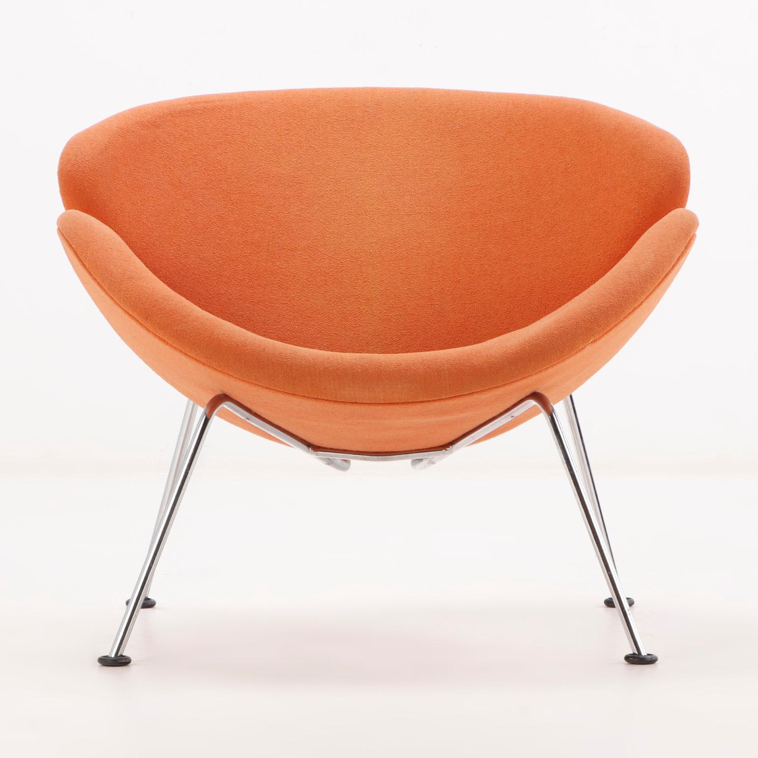 A pair of upholstered Pierre Paulin style upholstered chrome orange slice chairs.  