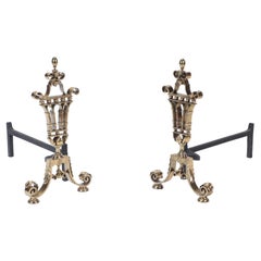 Pair of Urn Form Brass Andirons with Ball Decoration, circa 1930