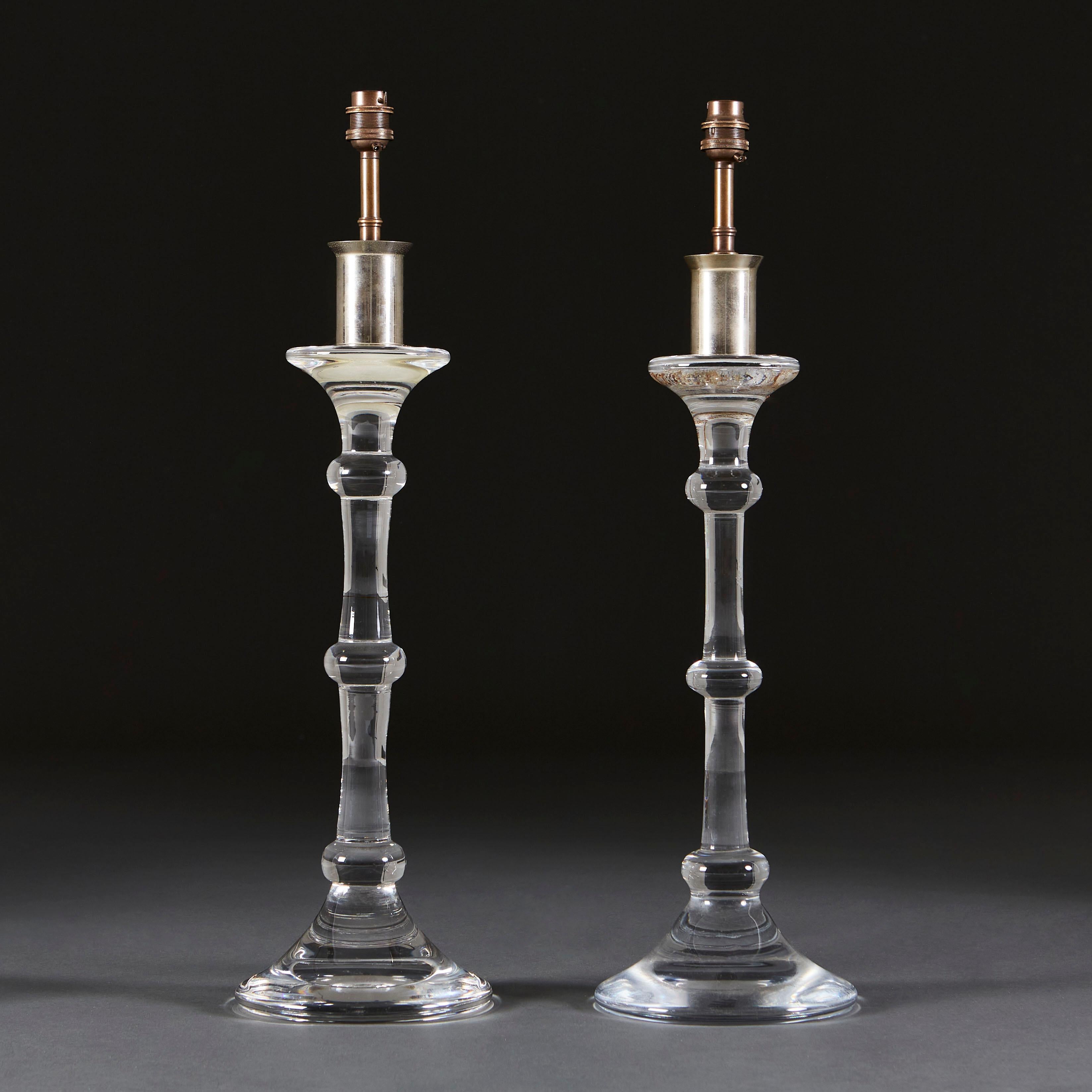 Belgian Pair of Val Saint Lambert Clear Glass Column Lamps