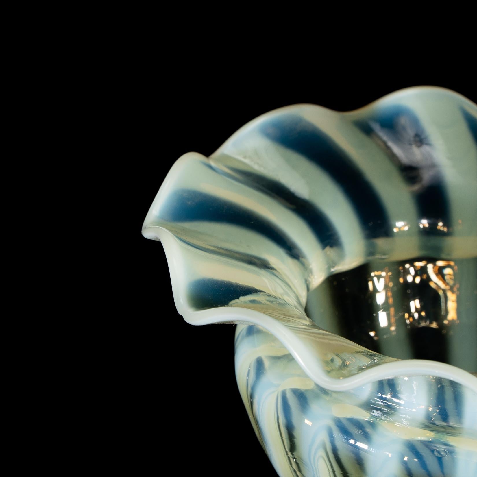 A Pair of Vaseline Glass Shades with Radiating Striped Patterns & Ruffled Rims For Sale 2