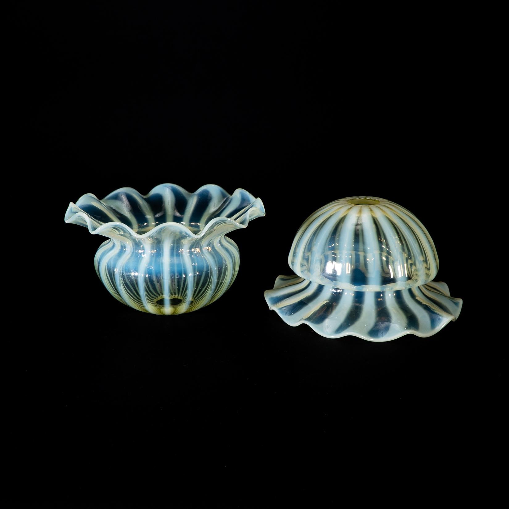 A Pair of Vaseline Glass Shades with Radiating Striped Patterns & Ruffled Rims For Sale 3