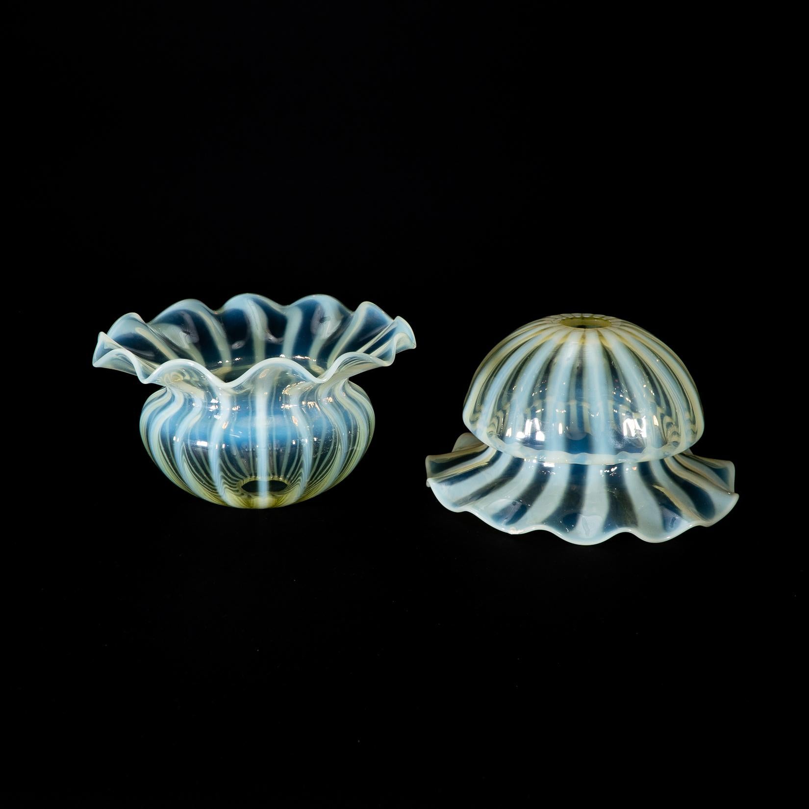 A Pair of Vaseline Glass Shades with Radiating Striped Patterns & Ruffled Rims For Sale 4