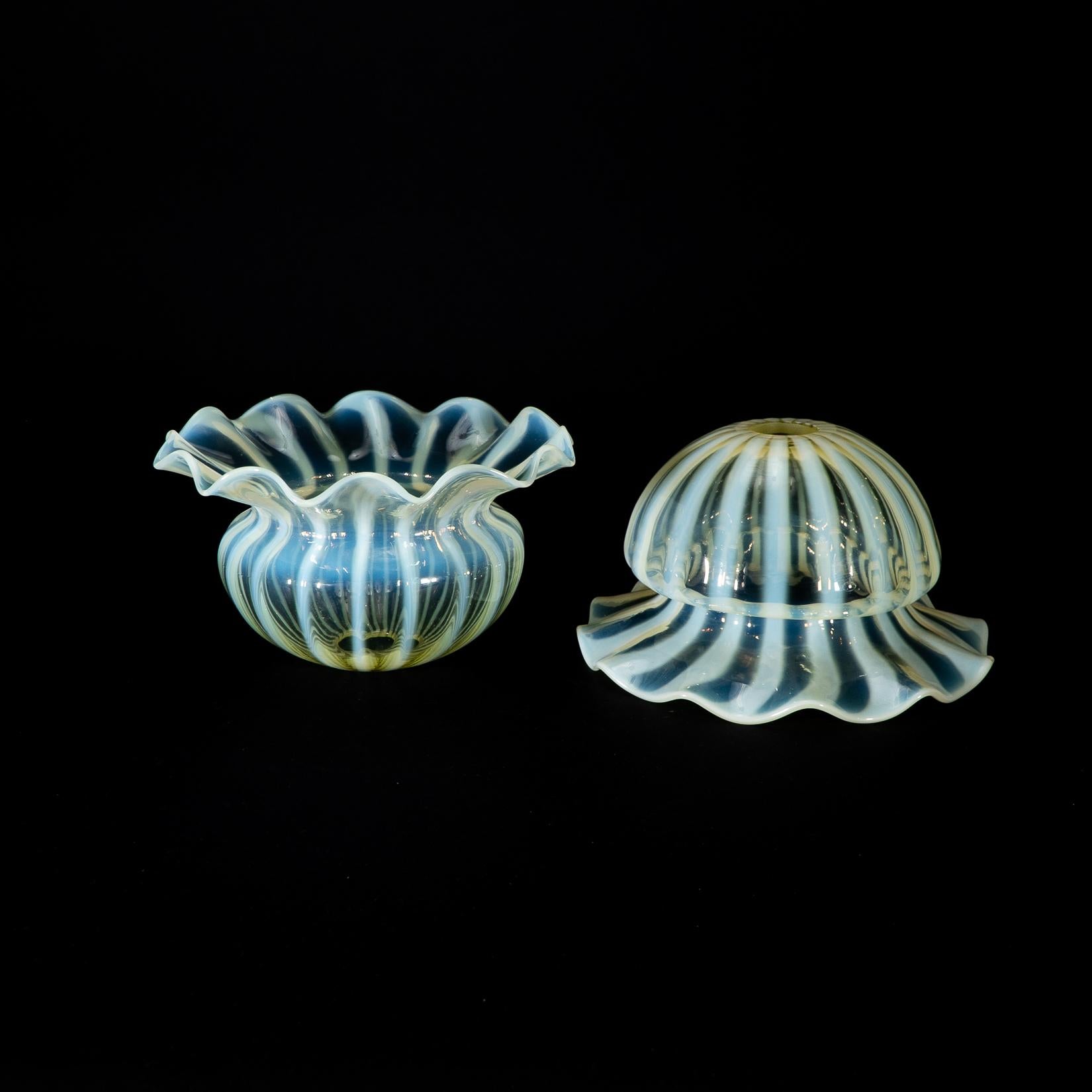 A Pair of Vaseline Glass Shades with Radiating Striped Patterns & Ruffled Rims For Sale 5